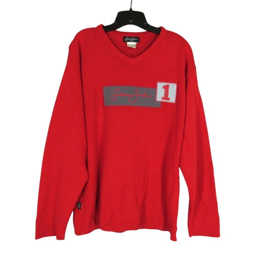VTG Y2K SEAN JOHN Red MIDWEIGHT V-Neck SEAN JOHN #1 Pullover KNIT SWEATER Sz M
